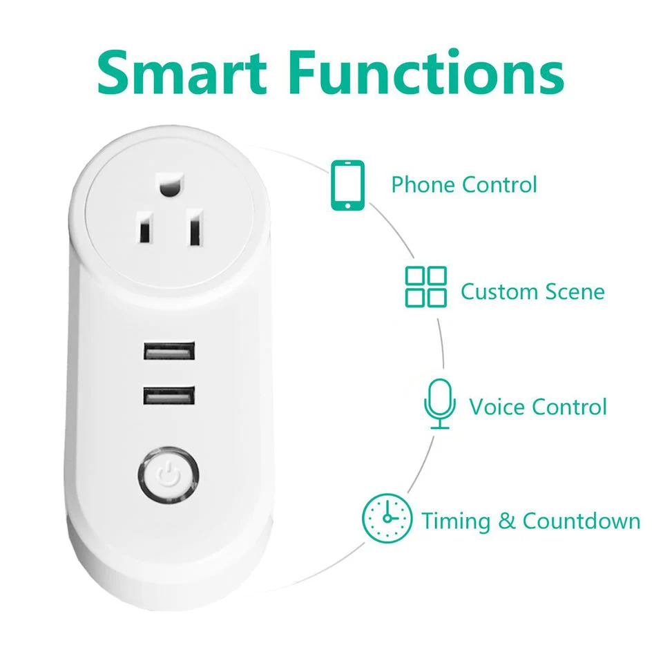 Smart Home 10A Us White Tuya WiFi Voice Remote Control Smart Plug with 2 USB Power Wall Socket Electrical Outlet