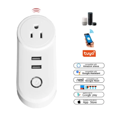 Smart Home 10A Us White Tuya WiFi Voice Control remoto Smart Plug con 2 USB Power Wall Socket Toma de corriente eléctrica