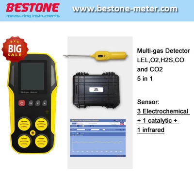 Analizador de 5 gases, pantalla LCD retroiluminada Monitor de 5 gases simultáneamente Lel, O2, H2s, Co, CO2 Detectores portátiles multigas 5 en 1